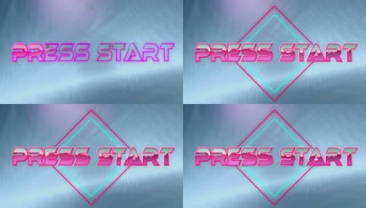 数字动画的press start文本在霓虹灯方块上对蓝色背景上的光点高清在线视频素材下载
