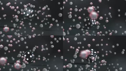 在灰色背景上，新冠病毒细胞漂浮在骰子上的动画高清在线视频素材下载