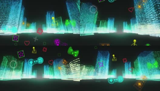 霓虹灯电子游戏的动画数字界面闪烁在三维城市模型高清在线视频素材下载