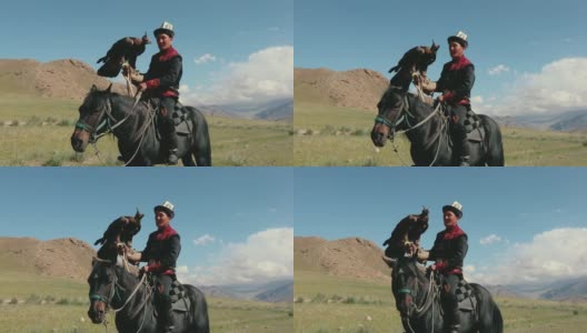 在吉尔吉斯斯坦的天山，骑在马上的鹰猎人高清在线视频素材下载
