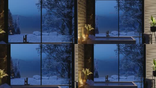 在一个下雪的夜晚，家庭浴室的大理石细节和自然景观的夜间渲染高清在线视频素材下载