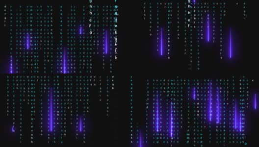 矩阵字母和紫罗兰激光抽象光效果落在黑屏上高清在线视频素材下载