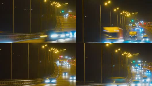 公路交通车辆在夜间时间流逝。汽车在桥上行驶的晚上时间流逝。4 k UHD高清在线视频素材下载