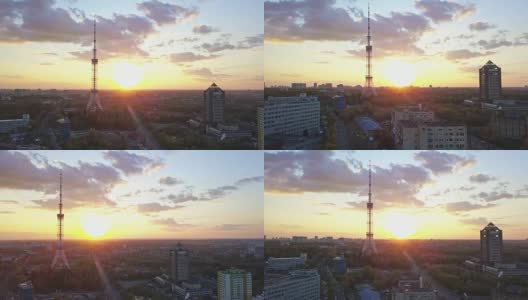 从无人机的全高清鸟瞰视频到基辅电视塔和基辅电视中心在基辅市，乌克兰。在夏日的阳光下，把慢速的视频架起来。高清在线视频素材下载