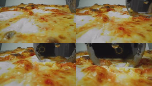 极度宏观的披萨被切。意大利健康天然食品和自制披萨面团的概念。高清在线视频素材下载