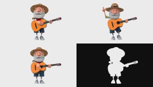 3d插图，快乐的农民童子军弹吉他高清在线视频素材下载