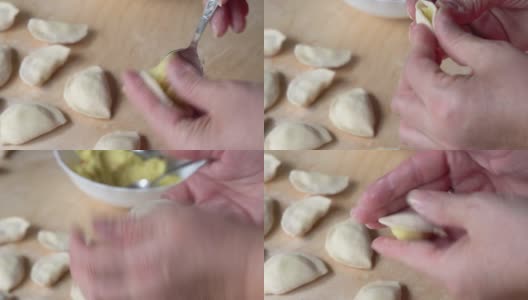 厨房里的女人在做一道精致的菜:饺子和瓦arenyky高清在线视频素材下载