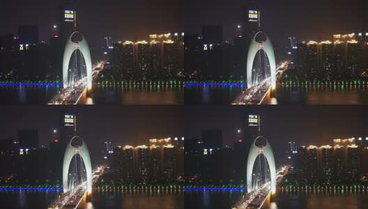 广州现代都市夜间过桥交通繁忙，时光流逝。高清在线视频素材下载