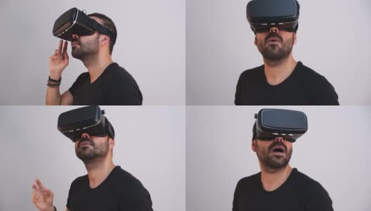 年轻人戴着VR眼镜，激动地比划着肖像。虚拟现实，未来技术，教育视频游戏高清在线视频素材下载