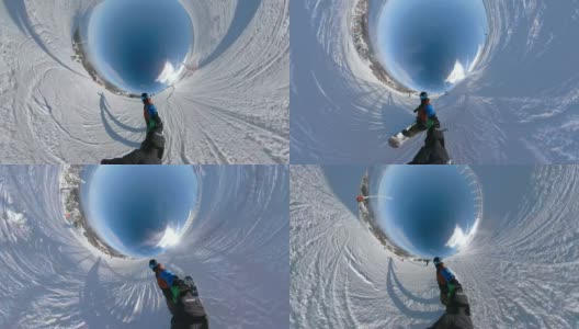 极限滑雪板手在滑雪板上手持单脚架高清在线视频素材下载