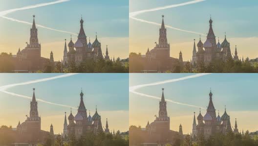 莫斯科城市天际线日落时间流逝在红场和圣巴西尔大教堂，莫斯科俄罗斯4K时间流逝高清在线视频素材下载