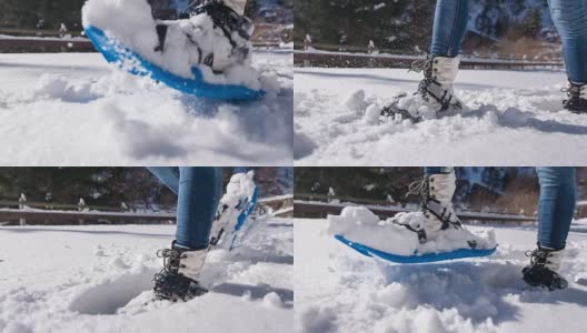 在新雪上穿雪鞋的女人高清在线视频素材下载