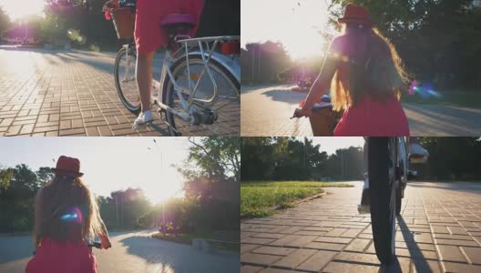 年轻迷人的女孩骑在老式自行车在公园日落，近距离高清在线视频素材下载