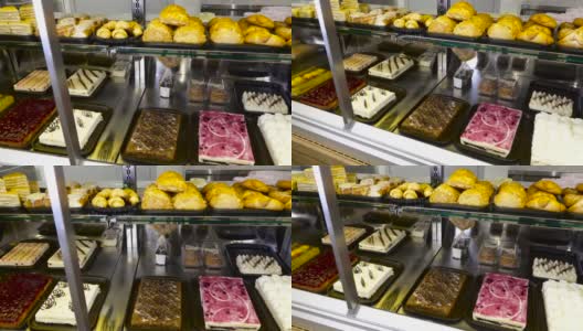 糕点店陈列橱窗，有各式糕点高清在线视频素材下载