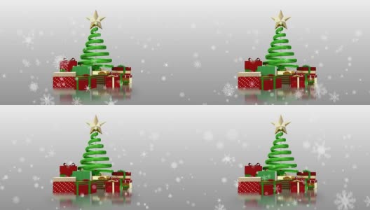 雪花飘落在圣诞树和礼物上高清在线视频素材下载