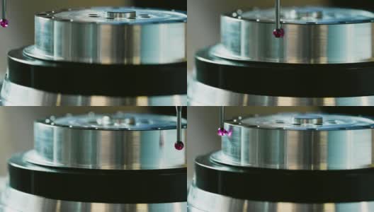 近距离的一个坐标测量机使用红宝石红色火炬探针测量零件的公差在一个制造设施高清在线视频素材下载