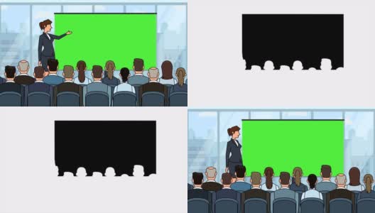 扁平卡通女商人角色发言人在会议业务会议附近的绿色板阿尔法哑光高清在线视频素材下载