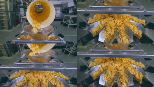 旋转管将薯片移动到一个容器中进行分类。高清在线视频素材下载