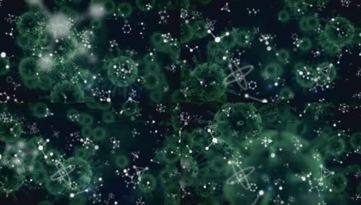 分子、化学元素和宏观covid - 19细胞漂浮在黑色背景上的动画高清在线视频素材下载