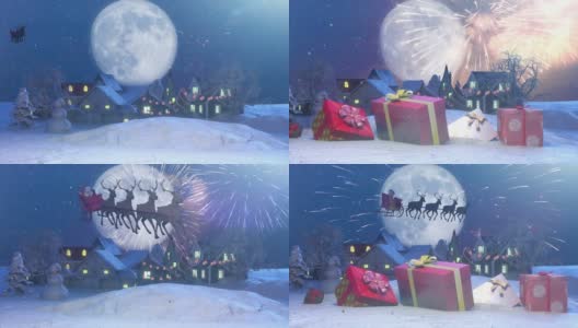 圣诞老人在驯鹿雪橇上飞行在月亮的背景，美丽的圣诞3d渲染动画高清在线视频素材下载