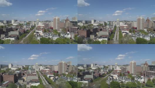 鸟瞰图通向州议会大厦和圣帕特里克大教堂在哈里斯堡，宾夕法尼亚州。无人机制作的视频与平移摄像机运动。高清在线视频素材下载