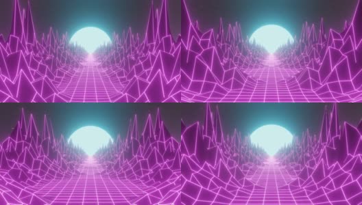 20世纪80年代暗紫粉红霓虹灯星系空间与地平线山的3D动画。80年代复古未来赛博朋克城市背景抽象网格景观设计动态图形。4 k的视频。高清在线视频素材下载