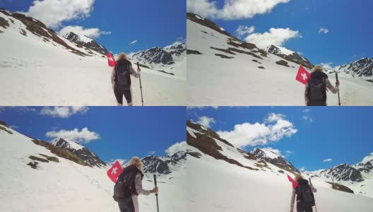 在瑞士拿着登山杖的女孩高清在线视频素材下载