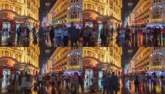 4k时间流逝:游客人群在南京路购物街的夜晚与反思，中国上海。高清在线视频素材下载