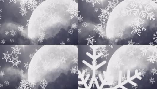 夜空中，雪花与月亮交相辉映高清在线视频素材下载