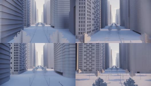 抽象明亮的城市与摩天大楼的3d渲染。白天简单的建筑形式。摄像机运动向前发展。抽象的3D白色城市的顶部。接近和距离到一个像样的高度高清在线视频素材下载