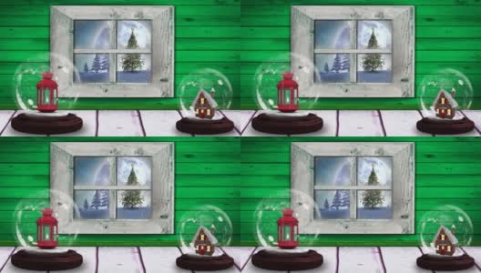 动画的两个雪花球和冬季圣诞景色与雪花飘落和满月高清在线视频素材下载