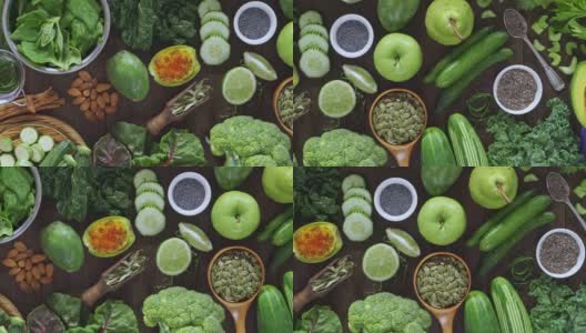 饮食概念:下面直接拍摄绿色水果和蔬菜排毒饮食健康饮食高清在线视频素材下载