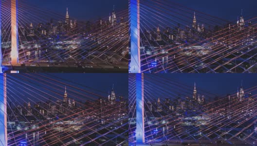 在科修斯科大桥上，曼哈顿中城的夜景。航拍视频与向前摄像机运动。高清在线视频素材下载