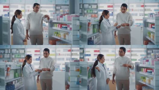药店:女性亚洲药剂师帮助印度男性客户与推荐，并建议购买药物，药物，维生素。现代药店货架与保健产品高清在线视频素材下载