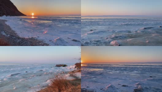 美丽的日出在北方结霜的湖上。贝加尔湖的冰面上立着两顶冬季帐篷。高清在线视频素材下载
