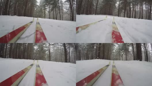 概念冬季圣诞森林。在下雪的冬天越野滑雪。冬季圣诞森林低角度视图。慢慢地下起了一场大雪。移动的摄像机安装在旧的越野滑雪板上。第一人称视角- POV高清在线视频素材下载