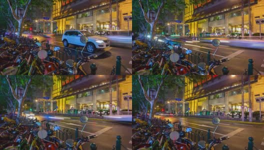 夜上海城市交通街道自行车停车全景4k时间推移中国高清在线视频素材下载