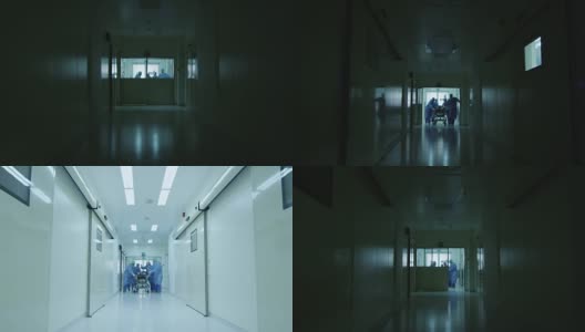 医院急救小组抬着病人担架穿过医院大厅高清在线视频素材下载