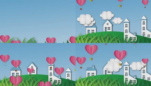 爱情在空气中，在情人节剪纸红色心形，气球飞行和心形装饰与动态图形动画片段高清在线视频素材下载