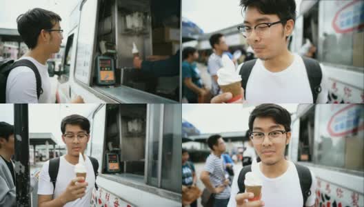 亚洲人在香港的街头小吃车上买冰淇淋吃高清在线视频素材下载