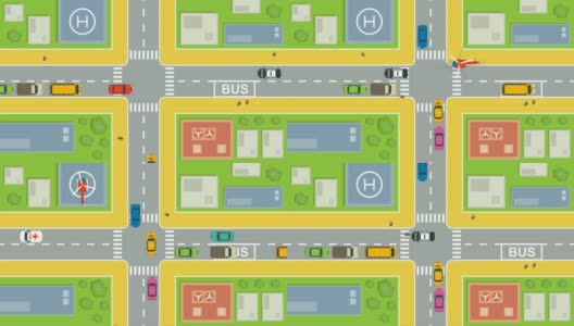 城市交通十字路口-顶部鸟瞰图-卡通动画。全高清和4K高清在线视频素材下载