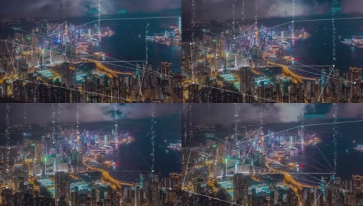 4k分辨率香港鸟瞰图，数据网络连接技术概念。智慧城市概念、通信网络、物联网概念高清在线视频素材下载