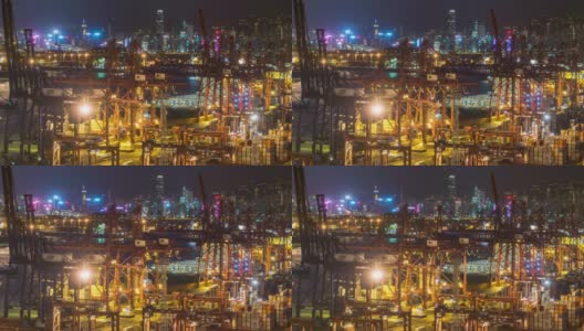 延时拍摄:以城市景观为背景，在香港青衣港货柜港的夜间货运工作高清在线视频素材下载