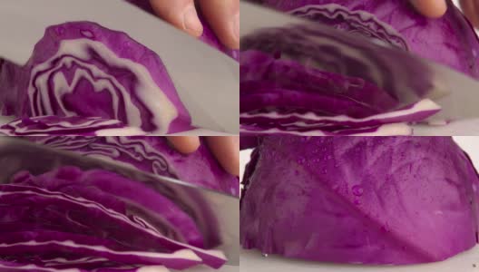 厨师将紫色或红色卷心菜用刀切在砧板上。4 k DCI slowmotion。高清在线视频素材下载