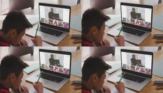 亚洲男孩在家里用笔记本电脑做作业，与老师和同学开视频会议高清在线视频素材下载