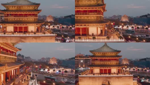 中国西安钟楼日落时的无人机景观高清在线视频素材下载