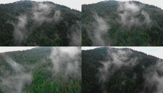 神奇的鸟瞰图。在美丽的雾中飞过高山。航空摄影机镜头。空中的云。雾。蒸汽。高清在线视频素材下载