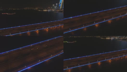 现代城市的桥上鸟瞰，桥上全景配照明。河上大桥夜间交通鸟瞰图。高清在线视频素材下载