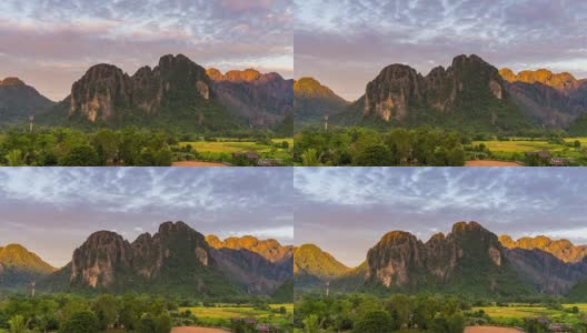 4K延时:美丽的日出在万荣，老挝高清在线视频素材下载