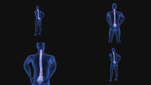 脊椎疼痛。蓝色人体解剖体3D扫描渲染在黑色背景高清在线视频素材下载
